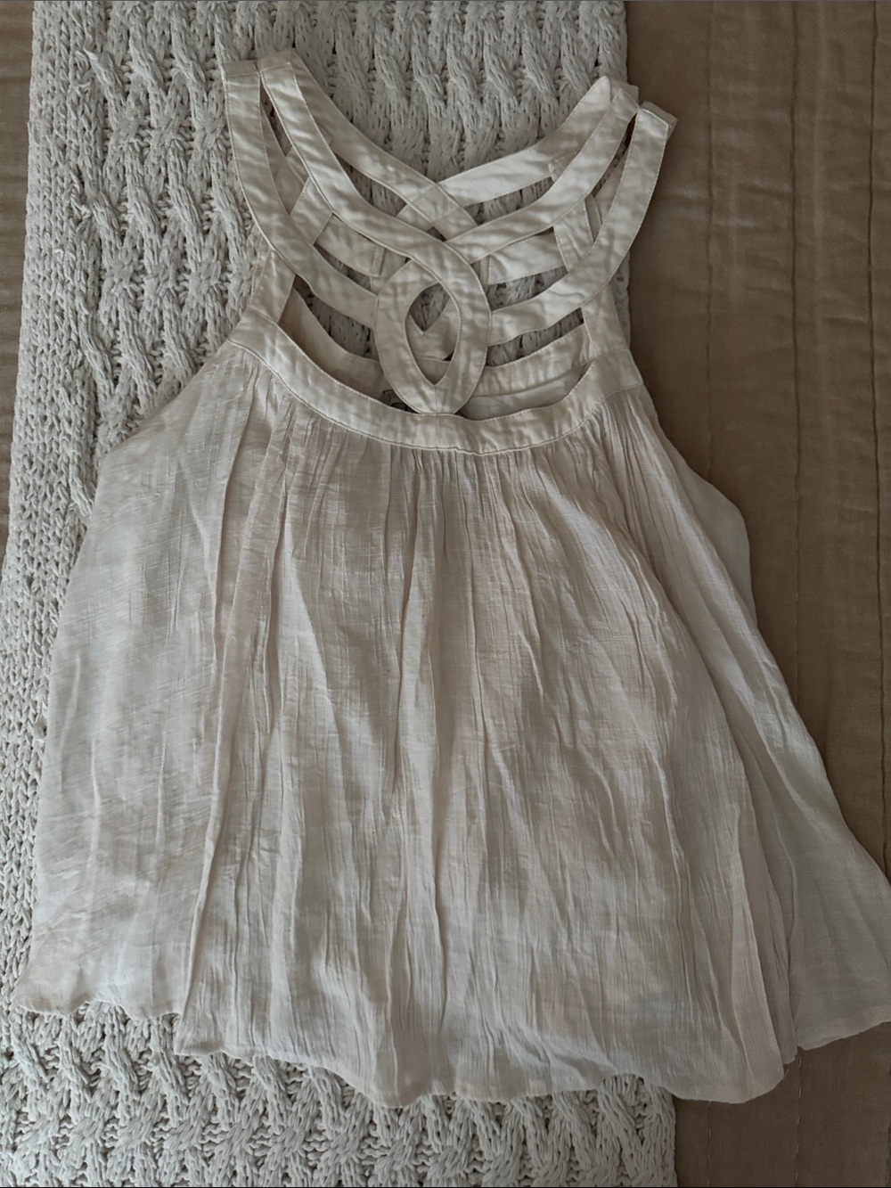 Women’s Cream Halter Tank Top with Decorative Strappy Yoke
